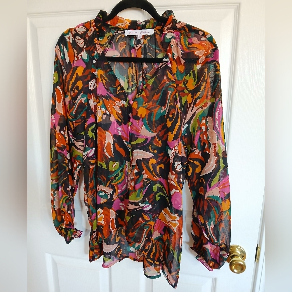 Meet Me In Santorini Colorful Black Ikat Estelle Top Button Front Sheer Boho